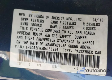 2016 Honda Accord Sport z USA, uszkodzony, nr VIN 1HGCR2F65GA185954